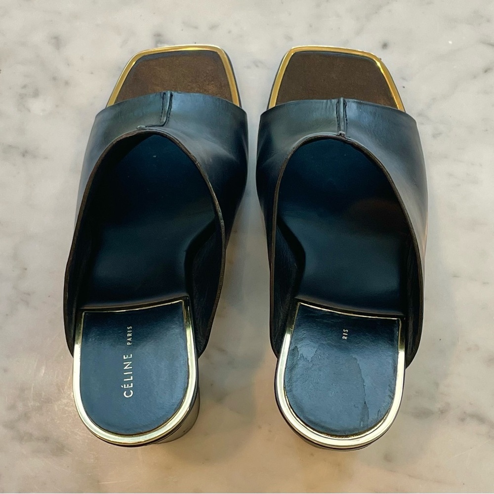 Celine Leather Slides, black w/gold trim, 4” block heel, EUC, 36.5 - Picture 7 of 14